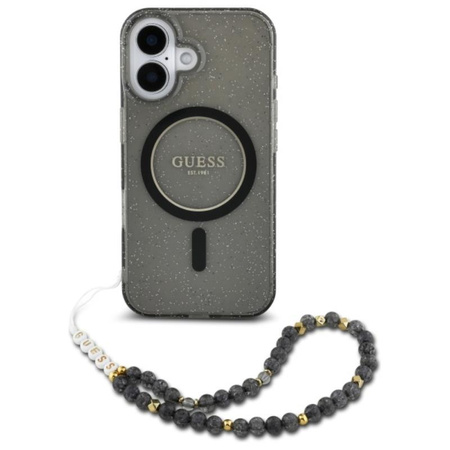 Guess IML Glitter With Pearl Strap MagSafe - iPhone 16 Tasche (schwarz)