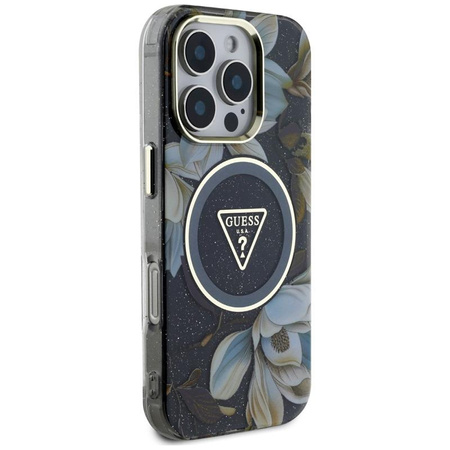 Guess Glitter Flowers Triangle Buttons MagSafe - Etui do iPhone 16 Pro Max (czarny)