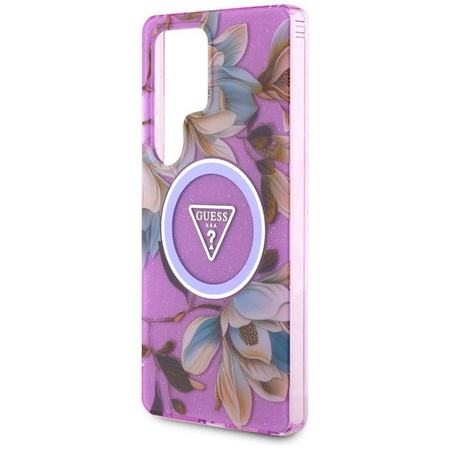 Guess Glitter Flowers Triangle Buttons MagSafe - étui pour Samsung Galaxy S25 Ultra (violet)