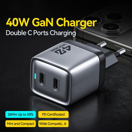 WEKOME WP-U02 Mecha Series - 2x USB-C Super Fast Charger GaN 40W mains charger (Silver)