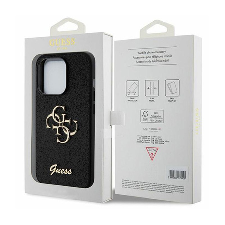 Pouzdro Guess Glitter Script Big 4G - iPhone 15 Pro Max (černé)