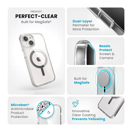 Speck Presidio Perfect-Clear MagSafe - tok iPhone 16e / iPhone 15 / iPhone 14 / iPhone 13 (átlátszó / krómozott kivitel / derűs ezüst)