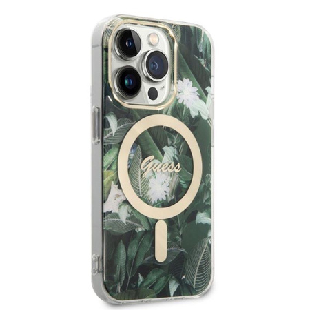 Guess Bundle Pack MagSafe IML Jungle - Set aus hülle für iPhone 14 Pro Max + MagSafe Ladegerät (Khaki/Gold)