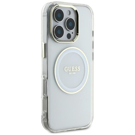 Guess IML Metallfarbener Kreis Klassisches Logo MagSafe - Gehäuse für iPhone 16 Pro Max (weiß)