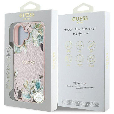 Guess MagSafe - Tasche mit genarbtem Blumenmuster für iPhone 16 (rosa)