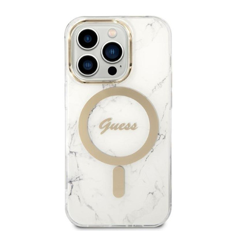 Guess Bundle Pack MagSafe IML Marble - MagSafe iPhone 14 Pro Max Tasche + Ladegerät Set (weiß/gold)