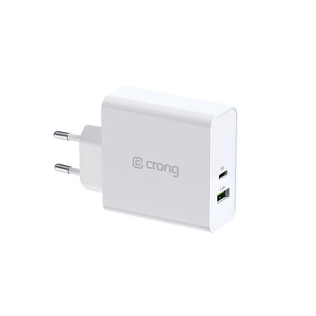 Crong Dual-Port Travel Charger – Ładowarka sieciowa USB-A + USB-C Power Delivery 45W (biały)