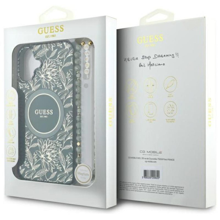 Guess IML Flowers Allover Electro avec dragonne MagSafe pour iPhone 16 Plus (vert)