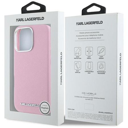 Karl Lagerfeld Saffiano Full Wrapped Elongated Metal Logo MagSafe - Case for iPhone 16 Pro (pink)