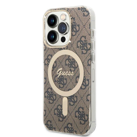 Guess Bundle Pack MagSafe 4G - Set of case for iPhone 14 Pro Max + MagSafe charger (Brown/Gold)