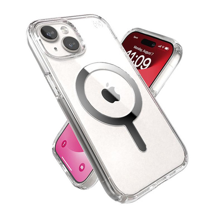 Speck Presidio Perfect-Clear MagSafe - pouzdro pro iPhone 16e / iPhone 15 / iPhone 14 / iPhone 13 (Clear / Chrome Finish / Serene Silver)