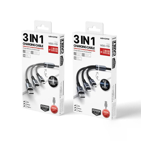 WEKOME WDC-119 Fython Series - propojovací kabel 3 v 1 USB-A na Lightning + USB-C + Micro USB PD 1,2 m (stříbrný)
