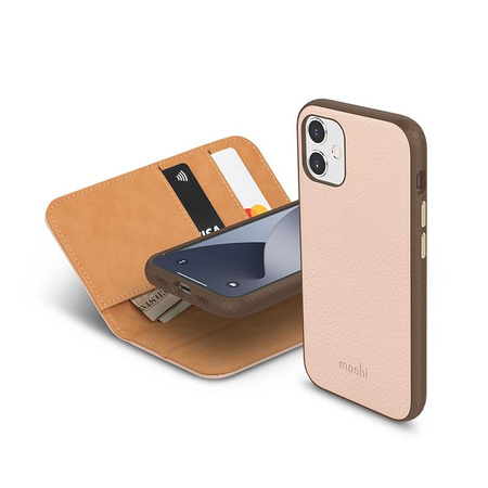 Moshi Overture - Étui 3-en-1 pour iPhone 12 Mini avec fentes pour cartes + support (système SnapTo) (Luna Pink)