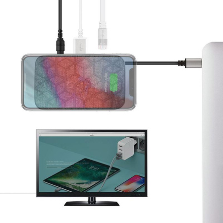 Moshi Symbus Q - Hub USB-C + chargeur sans fil à induction Qi pour iPhone et Android (Gris)