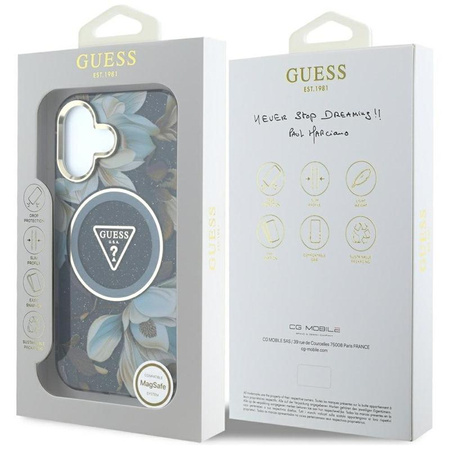 Guess Glitter Flowers Triangle Buttons MagSafe - étui pour iPhone 16 (noir)
