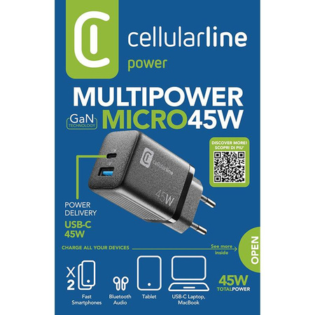 Cellularline Multipower Micro GaN - USB-C & USB-A Power Delivery 45W Netzladegerät (schwarz)
