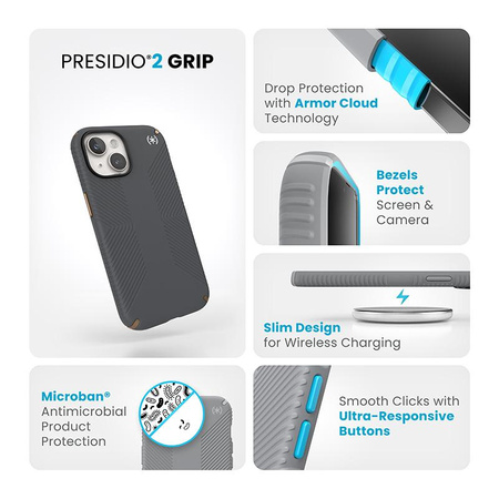 Speck Presidio2 Grip - Custodia per iPhone 16e / iPhone 15 / iPhone 14 / iPhone 13 (Grigio antracite / Bronzo freddo / Bianco)