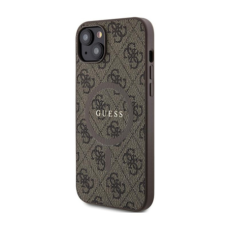 Guess 4G Collection Leather Metal Logo MagSafe - Tasche für iPhone 15 Plus / 14 Plus (braun)
