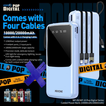 WEKOME WP-10 Pop Digital Series - Powerbank 20000 mAh mit integriertem USB-C / Lightning / Micro USB / USB-A Kabel (Weiß)