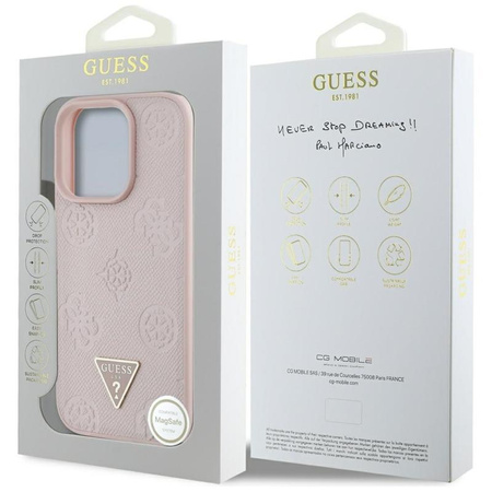 Guess Grained Hot Stamp Peony Triangle Logo MagSafe - Hülle für iPhone 16 Pro (rosa)