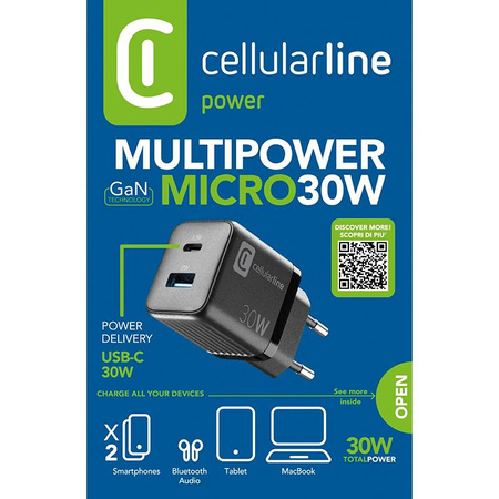 Cellularline Multipower Micro GaN - USB-C & USB-A Power Delivery 30W Netzladegerät (schwarz)