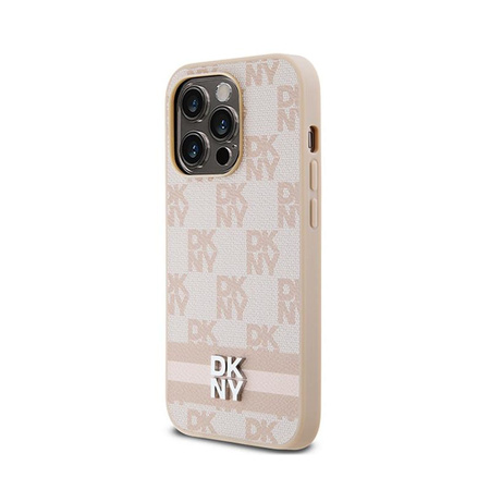 DKNY Leather Checkered Mono Pattern & Printed Stripes - iPhone 14 Pro Case (pink)