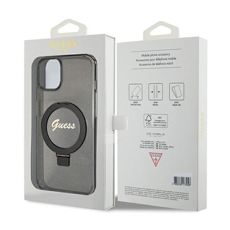 Guess Ring Stand Script Glitter MagSafe - iPhone 15 Plus tok (fekete)