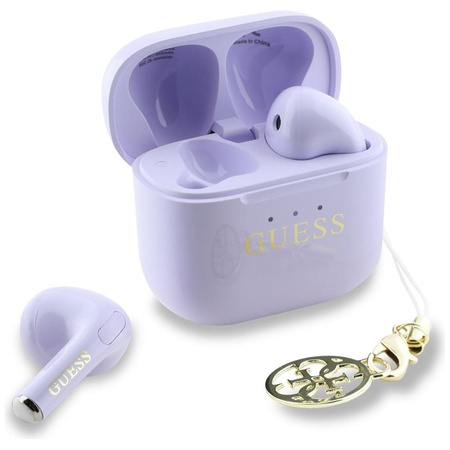 Sluchátka TWS Bluetooth s lesklým efektem a potiskem klasického loga a přívěsku - Guess (levandulová)