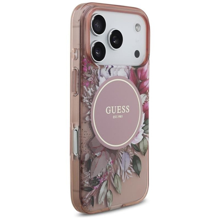 Guess IML Flowers Electro Pearl Strap MagSafe - Hülle iPhone 17 Pro (rosa)