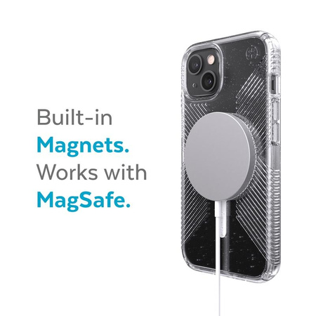 Speck Presidio Perfect-Clear avec paillettes + Grips + MagSafe - Coque pour iPhone 13 avec revêtement MICROBAN (transparent/paillettes platine)
