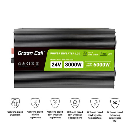 Green Cell - PowerInverter avec écran LCD Convertisseur de tension 24V à 230V 3000W/6000W onde sinusoïdale pure