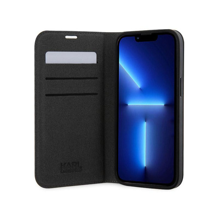 Karl Lagerfeld Booktype Saffiano Monogram - pouzdro pro iPhone 14 Pro (stříbrné)