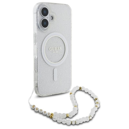 Guess IML Glitter With Pearl Strap MagSafe - pouzdro pro iPhone 16 Plus (průhledné)