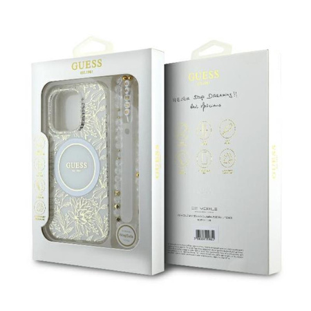 Guess IML Flowers Allover Electro With Pearl Strap MagSafe - Case for iPhone 16 Pro Max (White)