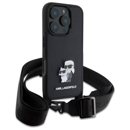 Karl Lagerfeld Saffiano Karl & Choupette Metal Pin CBDY Strap - Case for iPhone 16 Pro (black)