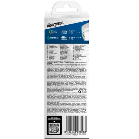 Energizer Ultimate - USB-C a USB-A 38W PD + nabíječka do auta QC3.0 (bílá / stříbrná)