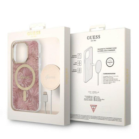 Guess Bundle Pack MagSafe IML Jungle - Zestaw etui + ładowarka MagSafe iPhone 14 Pro (różowy/złoty)