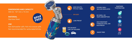 Quokka Boost Coffee Tumbler - Rozsdamentes acél hőbögre 400 ml-es kávéfőzővel (Blue Jungle)