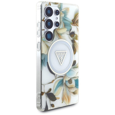 Guess Glitter Flowers Triangle Buttons MagSafe - tok Samsung Galaxy S25 Ultra (fehér)
