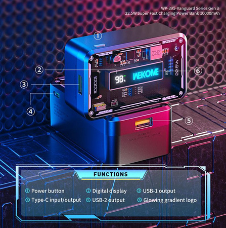WEKOME WP-395 Vanguard sorozat - Power bank 10000 mAh Super Charging PD 20W + QC 22.5W (fekete)