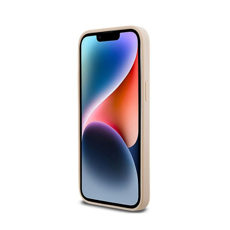 Kožené pouzdro DKNY s kostkovaným jednobarevným vzorem a tištěnými pruhy - iPhone 14 Pro Max (růžové)