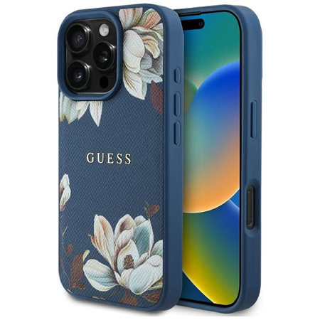 Guess szemcsés nyomtatott virágmintás MagSafe - tok iPhone 16 Pro készülékhez (kék)
