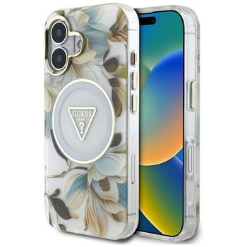 Guess Glitter Flowers Triangle Buttons MagSafe - étui pour iPhone 16 (blanc)