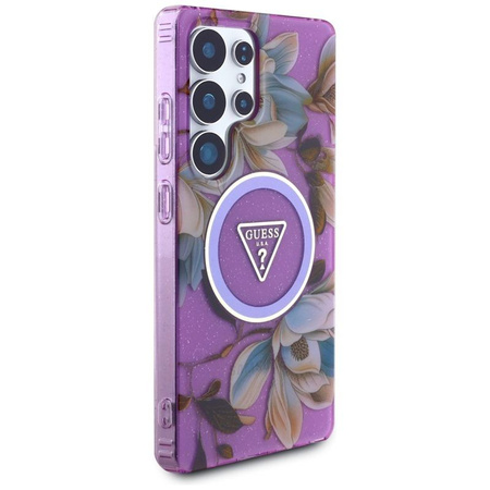 Guess Glitter Flowers Triangle Buttons MagSafe - étui pour Samsung Galaxy S25 Ultra (violet)