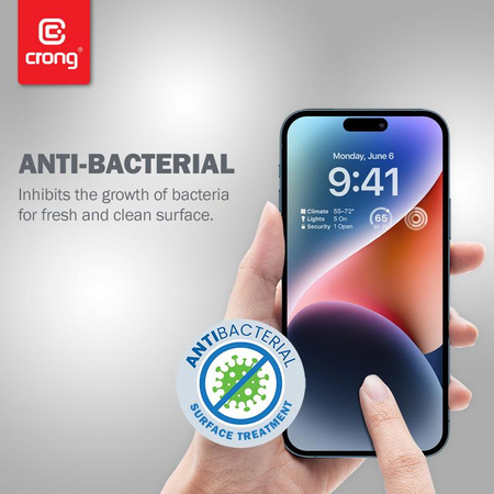 Crong Anti-Bacterial 3D Armor Glass - tvrzené sklo 9H pro iPhone 14 Pro na celou obrazovku + instalační rámeček