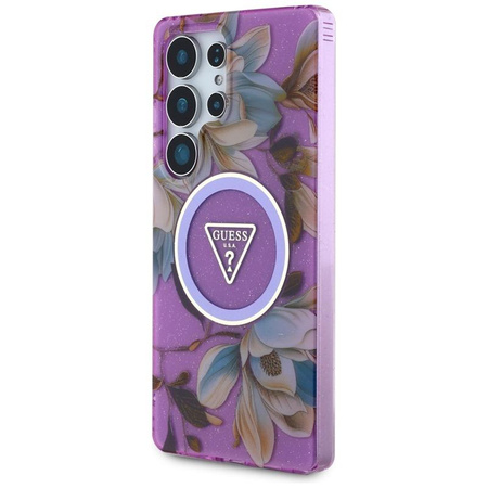 Guess Glitter Flowers Triangle Buttons MagSafe - pouzdro pro Samsung Galaxy S25 Ultra (fialové)