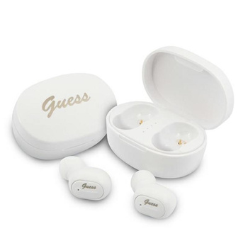 Guess Script Logo - Sluchátka Bluetooth TWS + nabíjecí pouzdro (bílé)