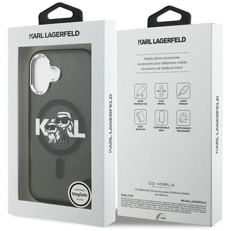 Karl Lagerfeld IML Glitter Karl & Choupette Sketch Logo MagSafe - Custodia per iPhone 17 (Nero)