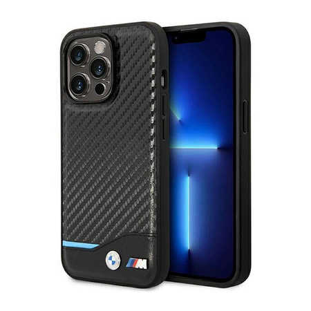 BMW Leather Carbon Blue Line MagSafe - étui pour iPhone 14 Pro (noir)