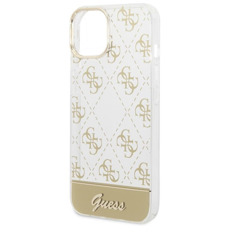 Guess 4G Stripe Script Logo Galvanisiertes Muster - Hülle für iPhone 14 Plus (Gold)